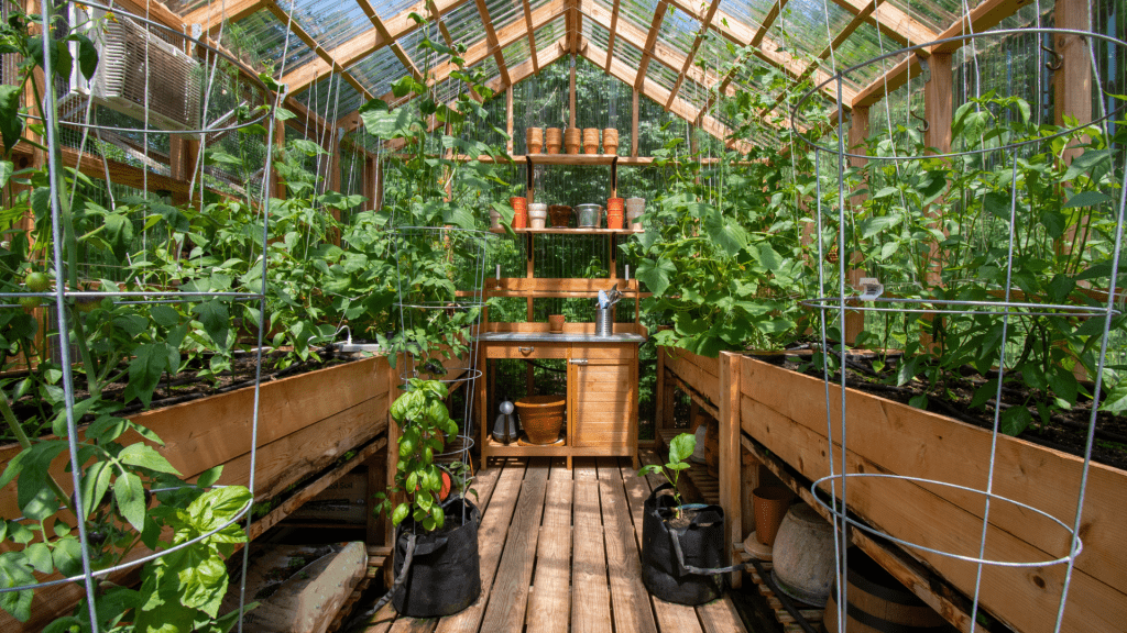 Interior of a wooden domestic greenhouse for growing vegetables